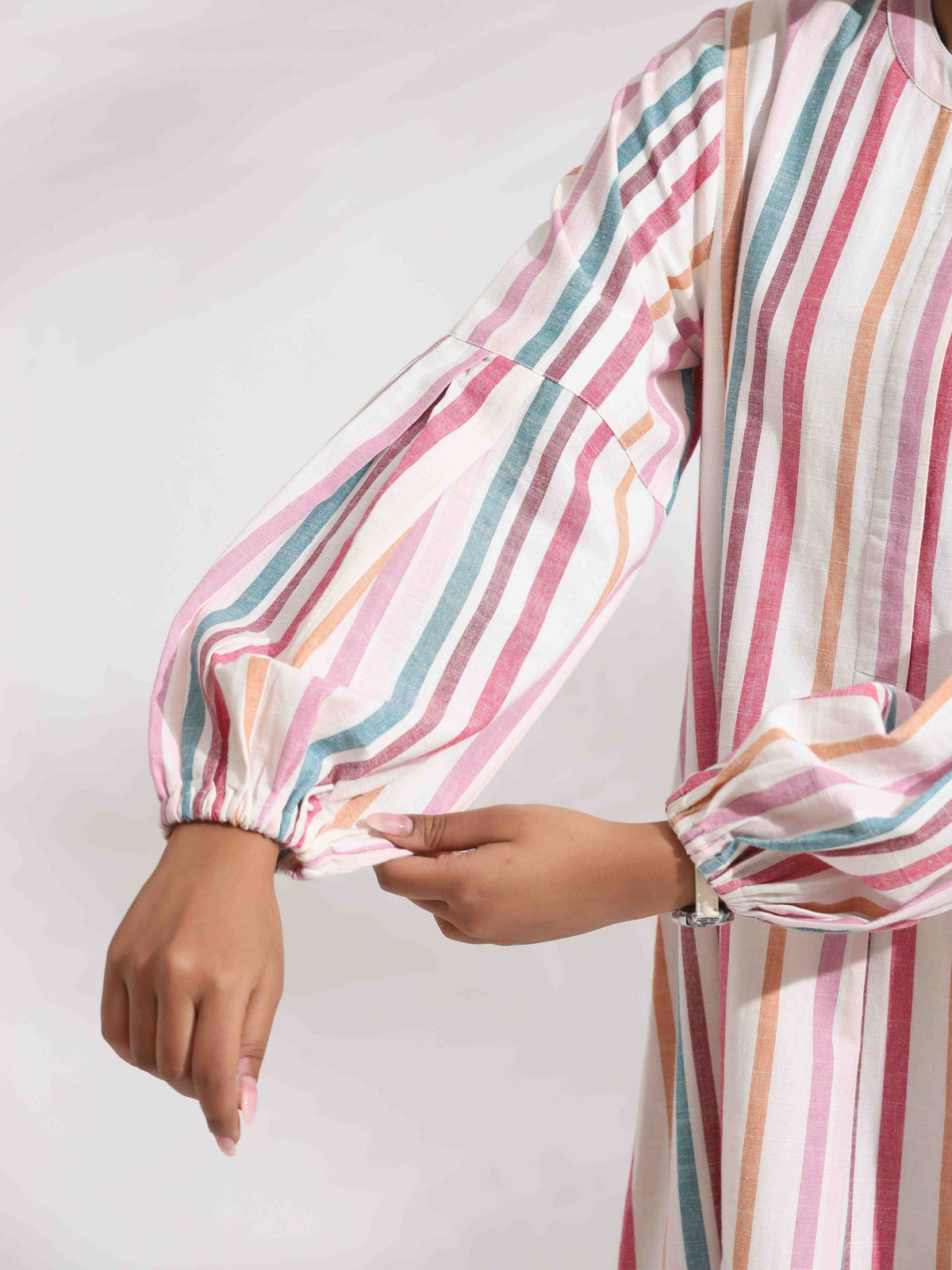 trueBrowns Off-White Cotton Multi Stripe Short Dress | Grocsy