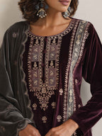 trueBrowns Purple Velvet Embroidered Kurta Pant Dupatta Set | Grocsy