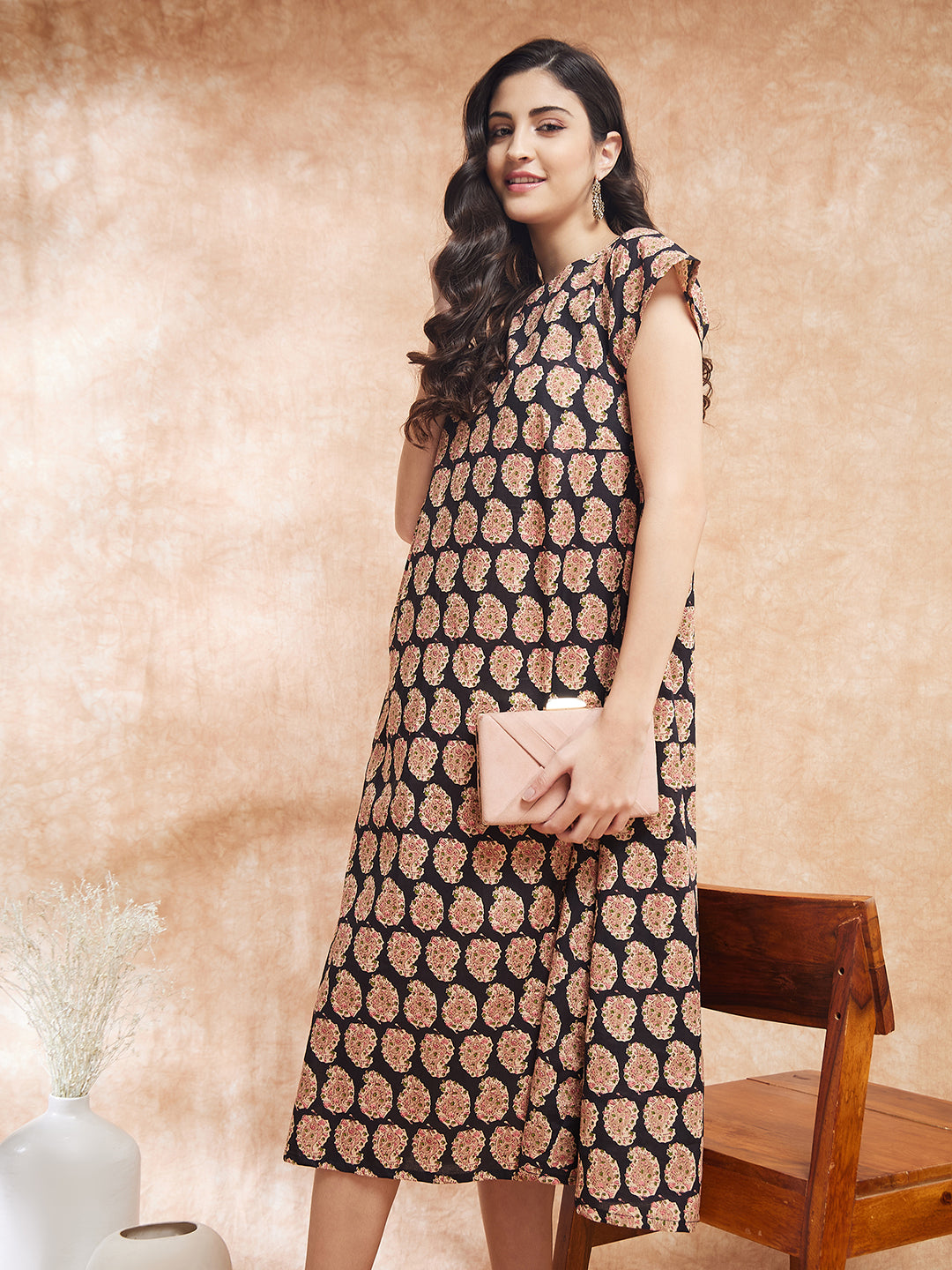 InWeave Women's Black Small Paisley Kalamkari A Line Dress | Grocsy