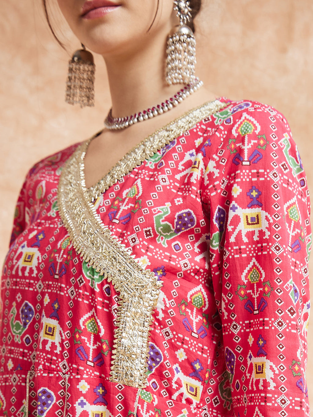 InWeave Women's Pink Patola Printed Gota Embroidered Anarkali Kurta | Grocsy