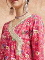 InWeave Women's Pink Patola Printed Gota Embroidered Anarkali Kurta | Grocsy