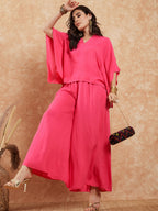 InWeave Women's Fuchsia Solid Collar Neck Boho Top Bottom Set | Grocsy