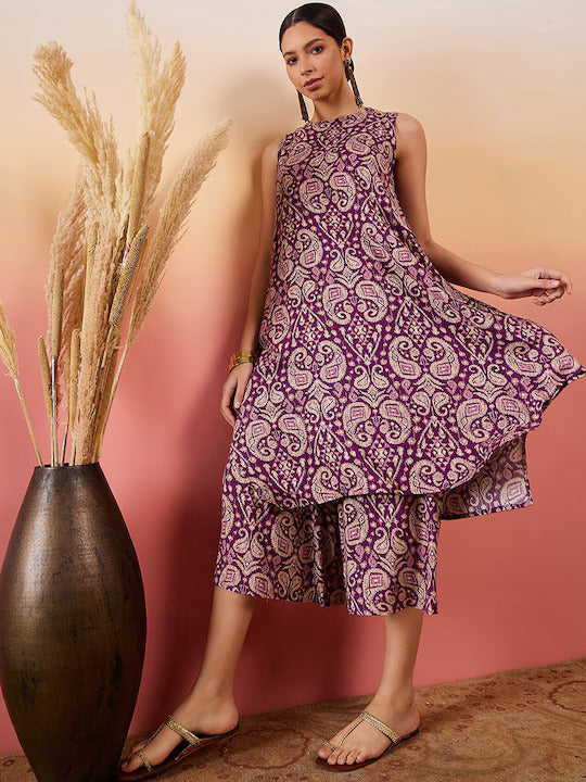 InWeave Dusty Mauve Paisley Round Neck Kurta Short Palazzo Set | Grocsy