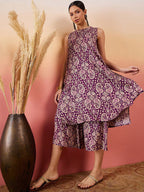 InWeave Dusty Mauve Paisley Round Neck Kurta Short Palazzo Set | Grocsy