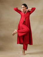 trueBrowns Maroon Textured Silk Front Slit Kurta Pant Set | Grocsy