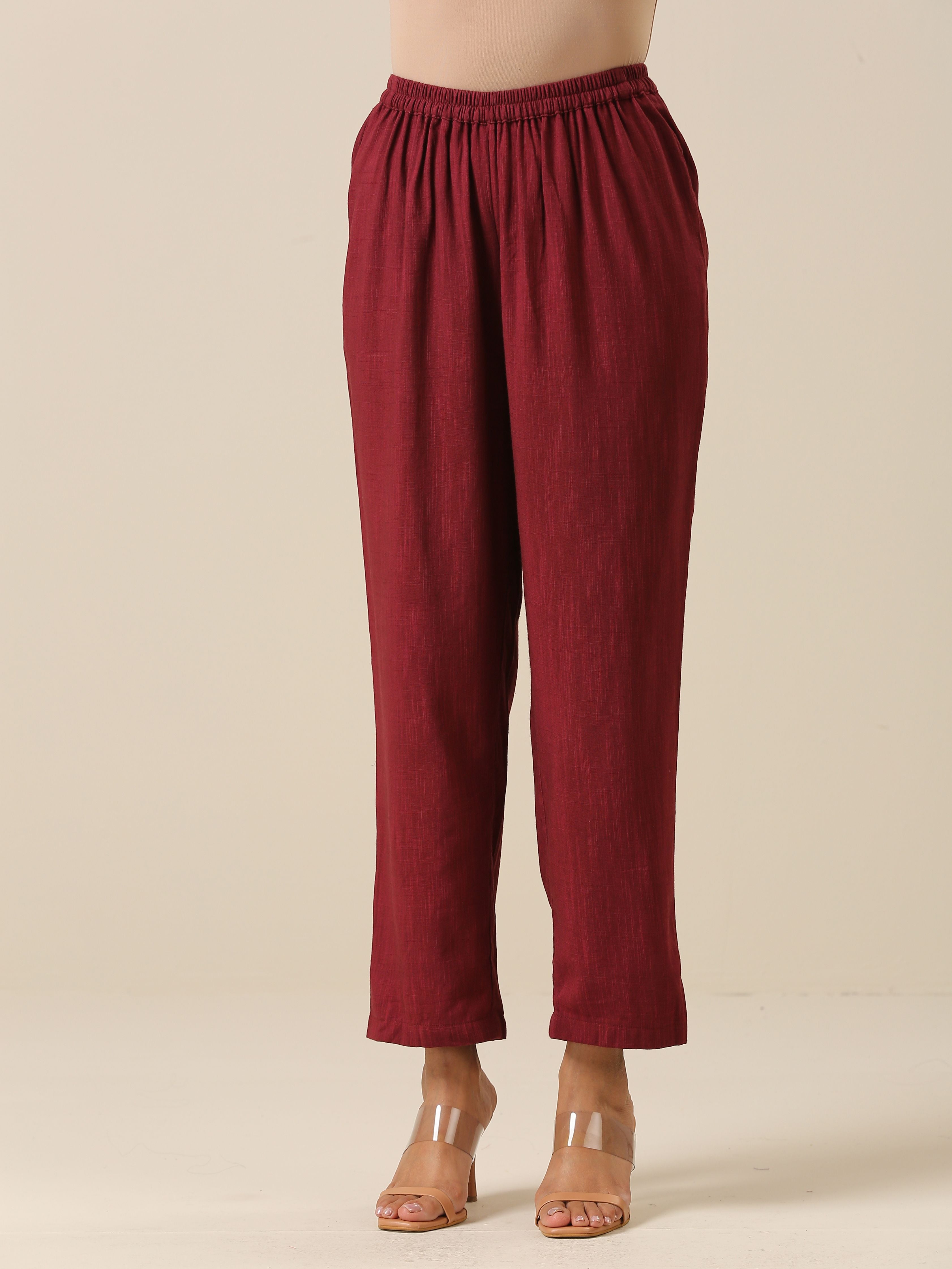 trueBrowns Ruby Wine Slub Texture High Low Kaftan Pant Set | Grocsy