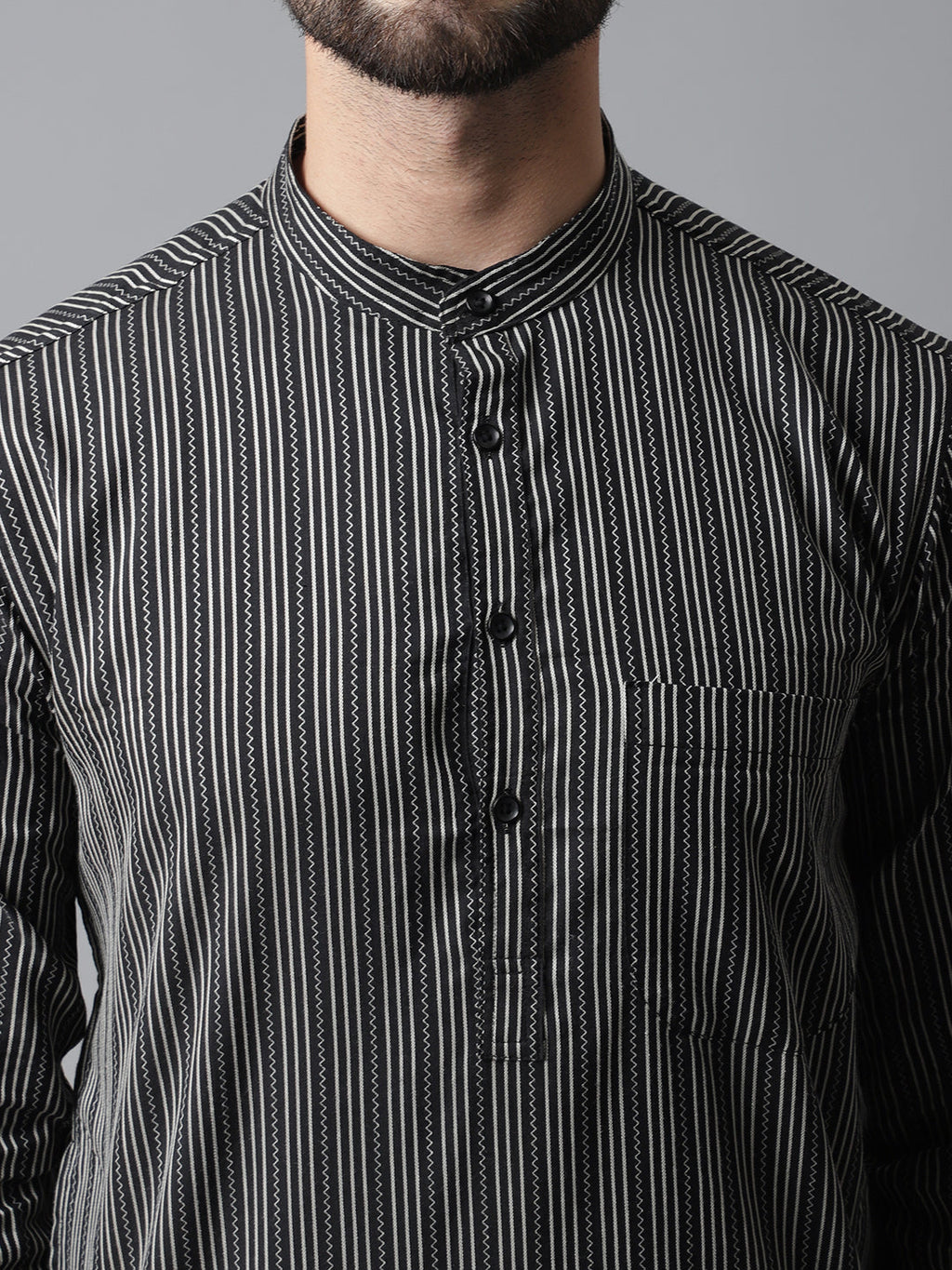 Even Apparels Black Pure Cotton Kurta With Band Collar | Grocsy