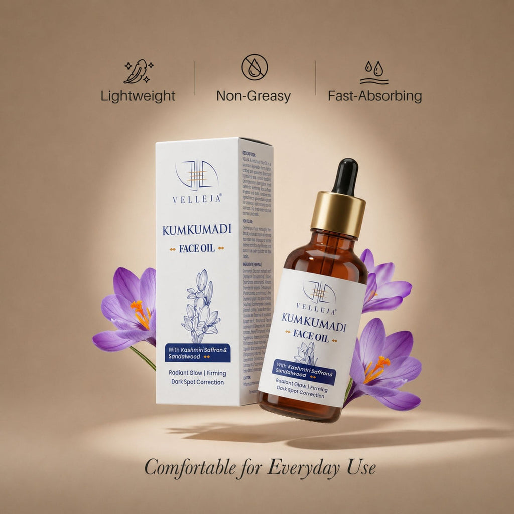 Velleja Kumkumadi Face Oil with Kashmiri Saffron & Sandalwood | Ayurvedic Anti Aging Face Serum for Brightening, Dark Spots & Pigmentation | Grocsy