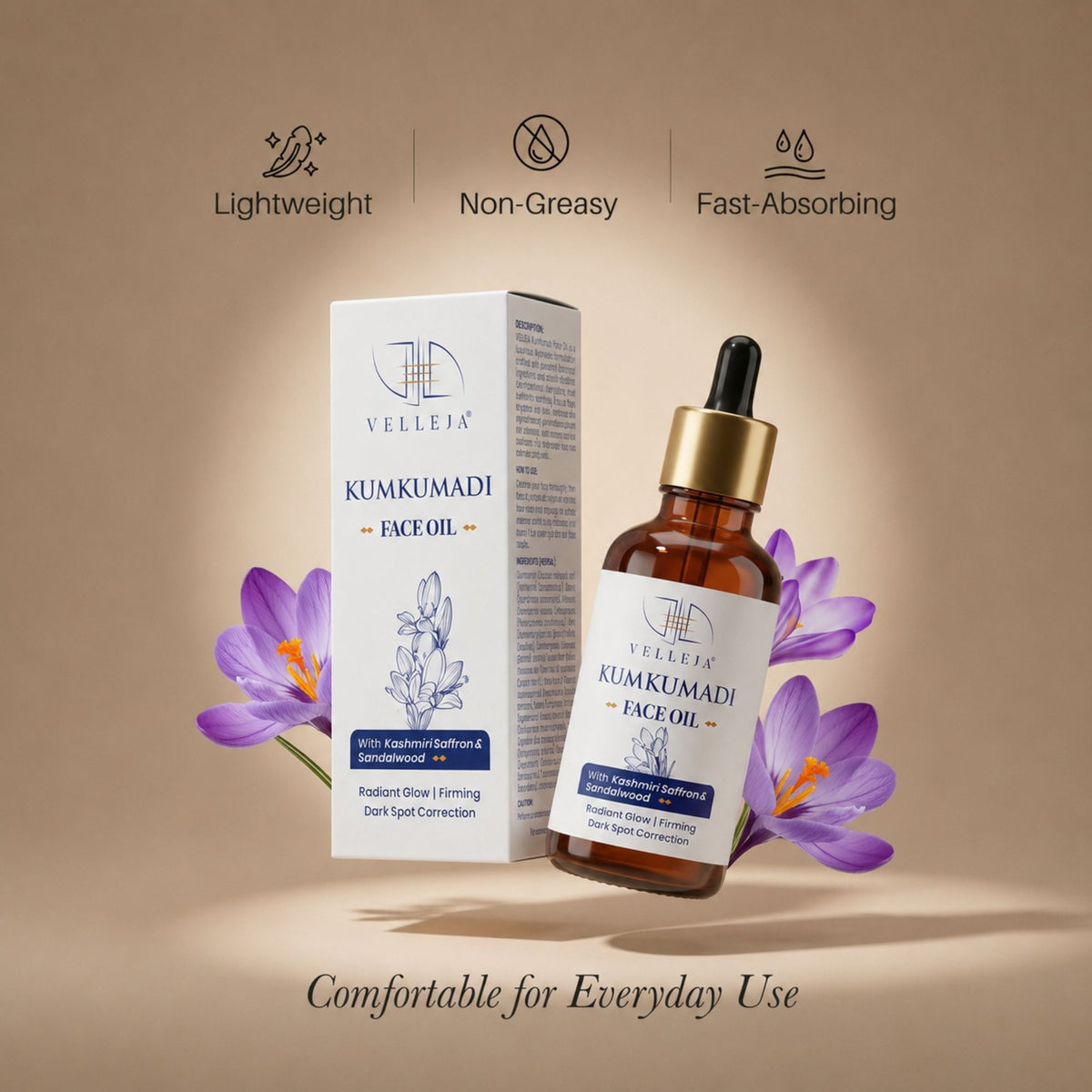 Velleja Kumkumadi Face Oil with Kashmiri Saffron & Sandalwood | Ayurvedic Anti Aging Face Serum for Brightening, Dark Spots & Pigmentation | Grocsy