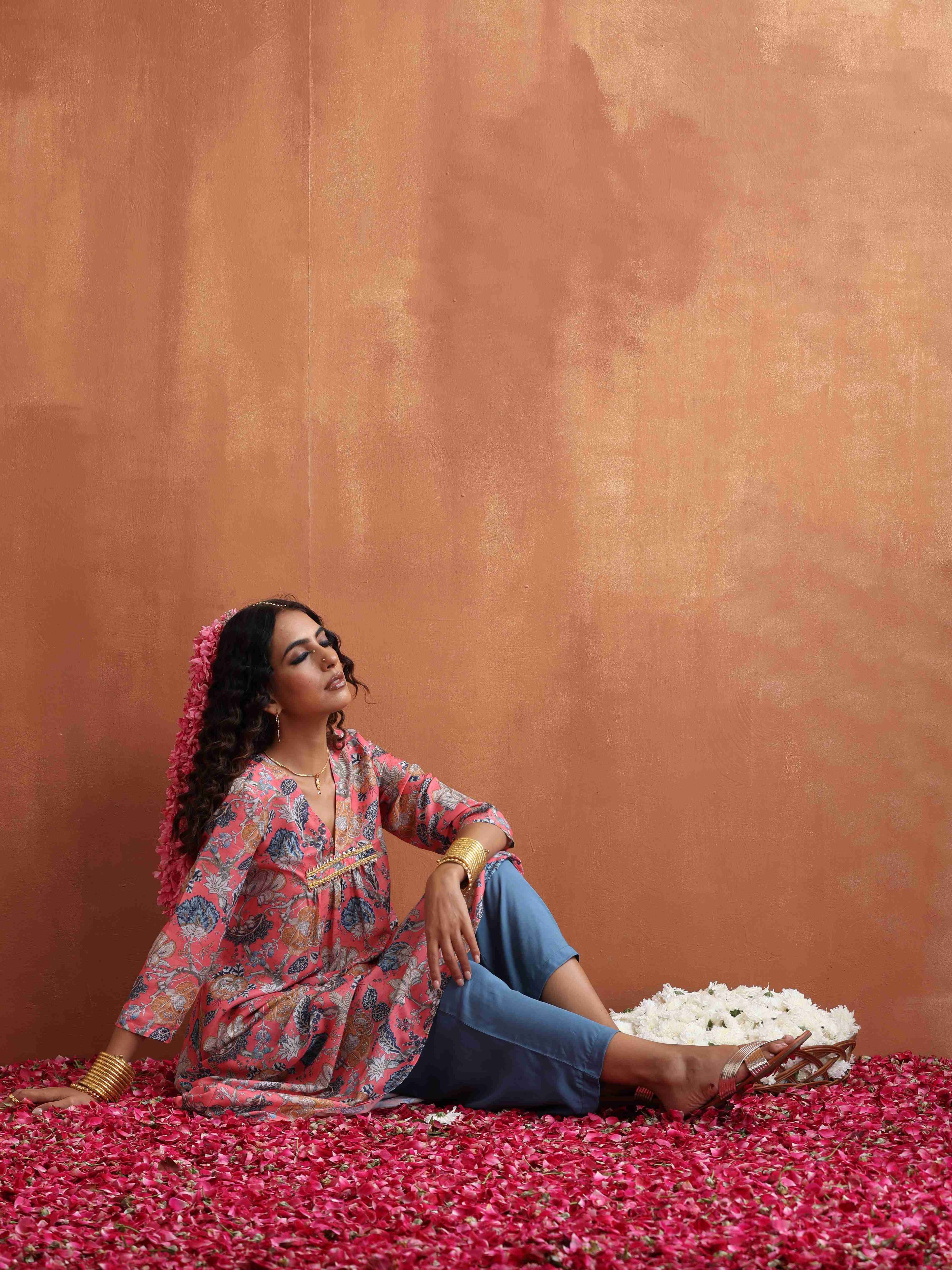 trueBrowns Orange Print A-line Kurta Set | Grocsy