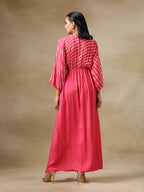 trueBrowns Pink Bandhani Printed Silk Drop Shoulder Dress | Grocsy