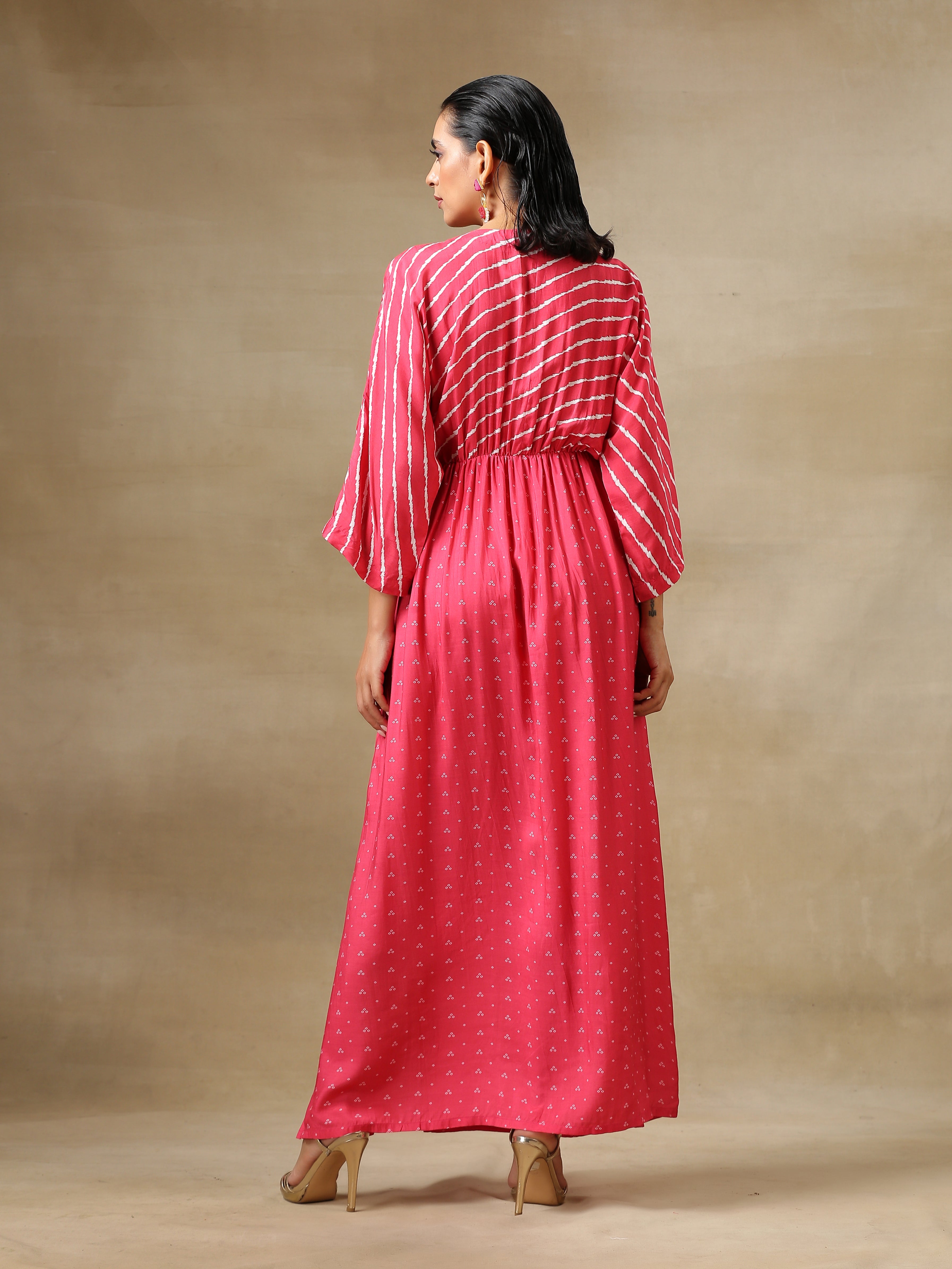 trueBrowns Pink Bandhani Printed Silk Drop Shoulder Dress | Grocsy