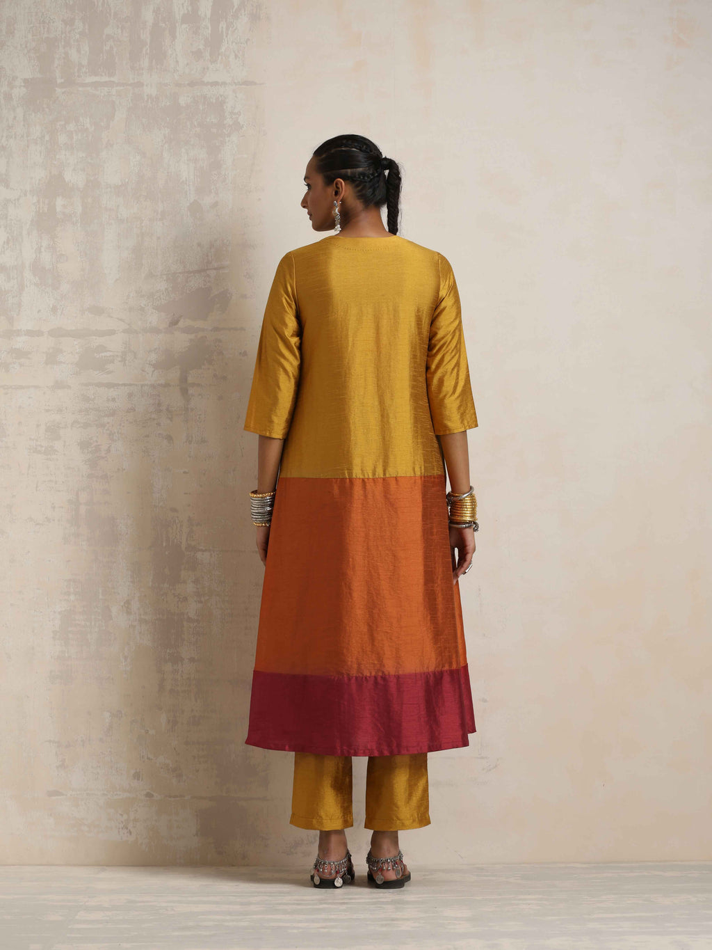 trueBrowns Gold Orange Silk A-line Kurta Set | Grocsy