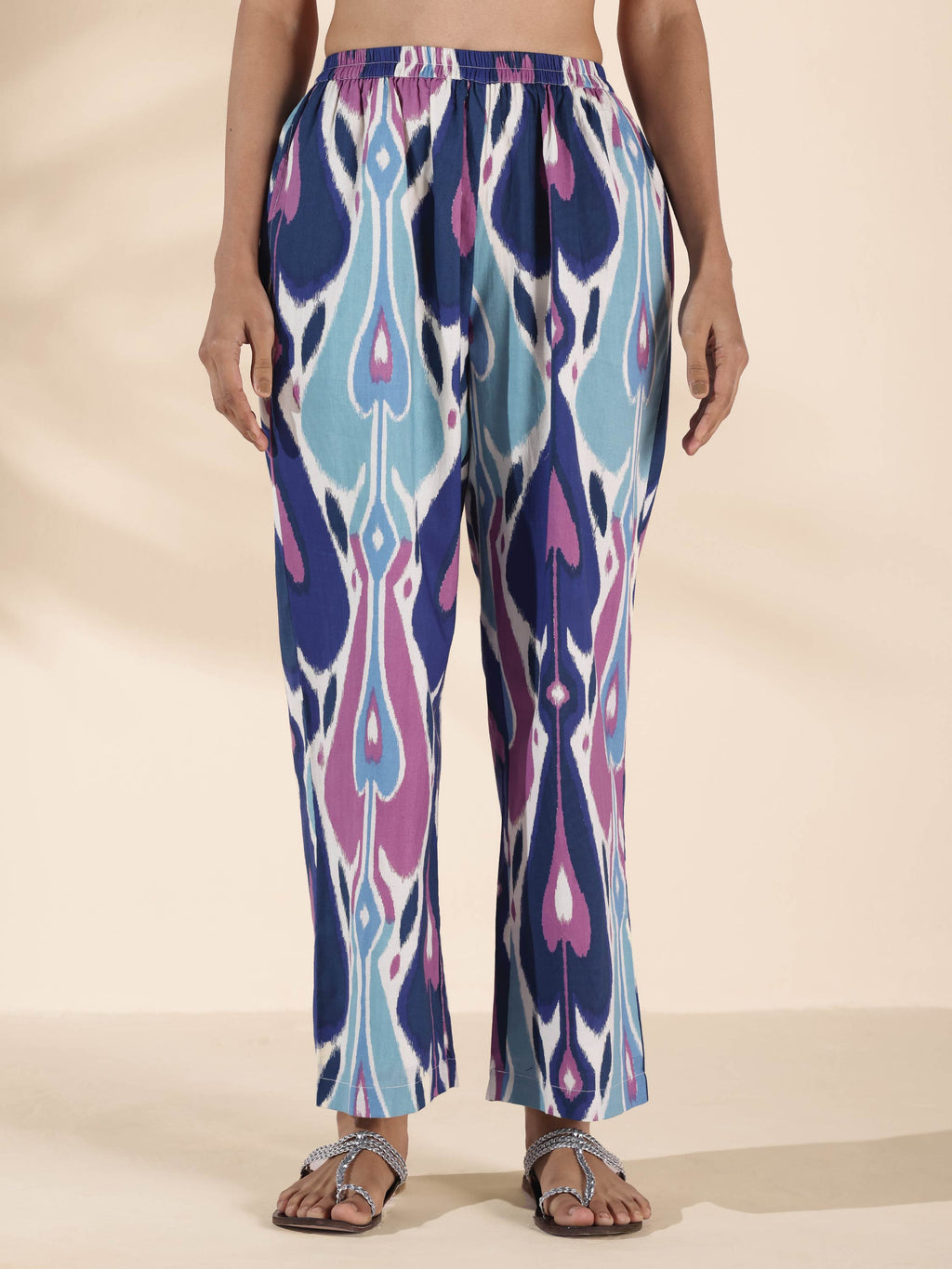 trueBrowns Blue Cotton Ikat V-neck Co-ord Set | Grocsy