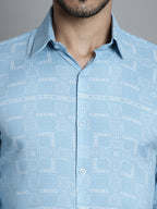 Jainish Men's Geomatric Printed Formal Shirts - Sky Blue | Grocsy