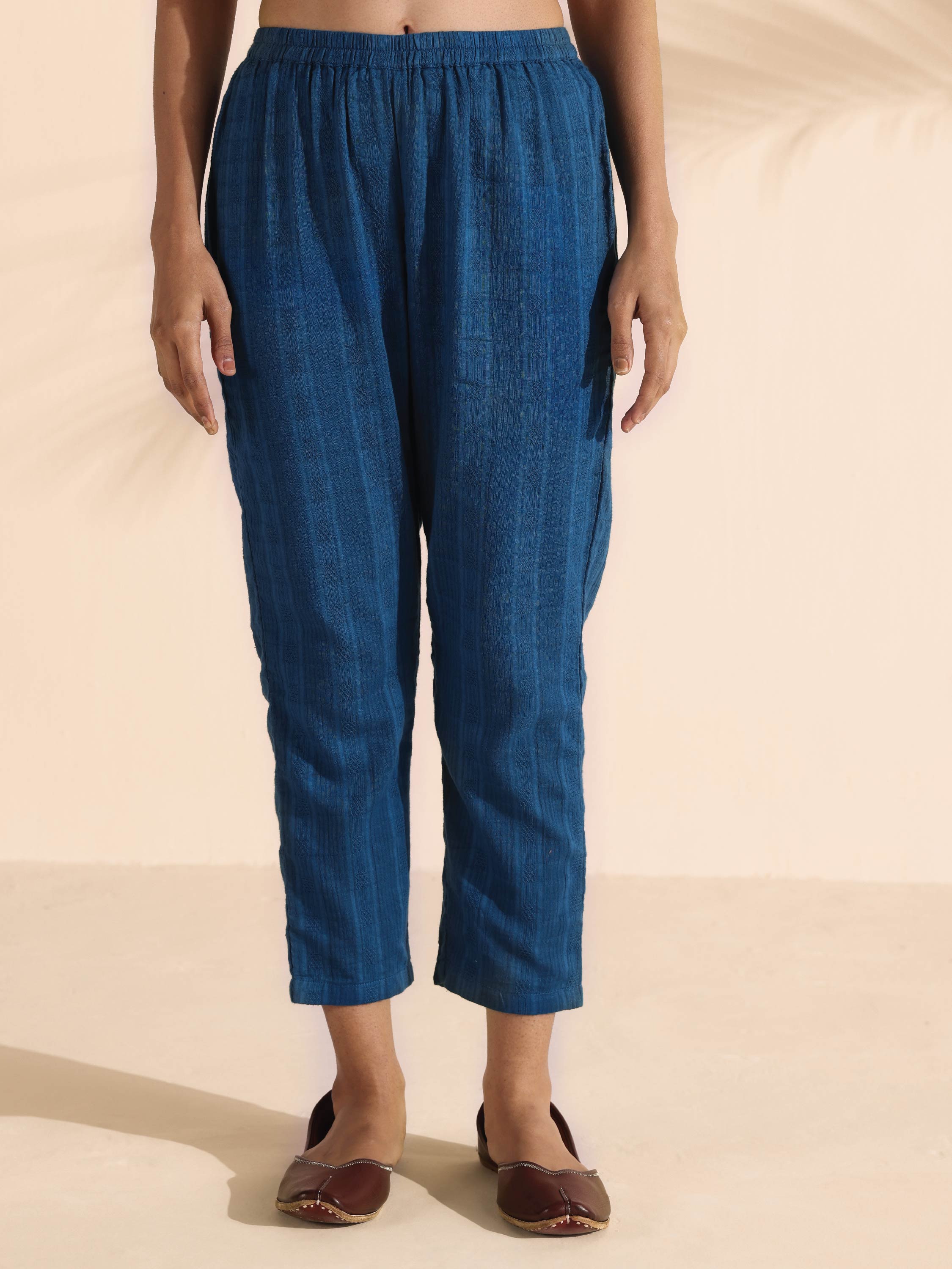 trueBrowns Blue Cotton Dobby Flared Kurta Pant Set | Grocsy