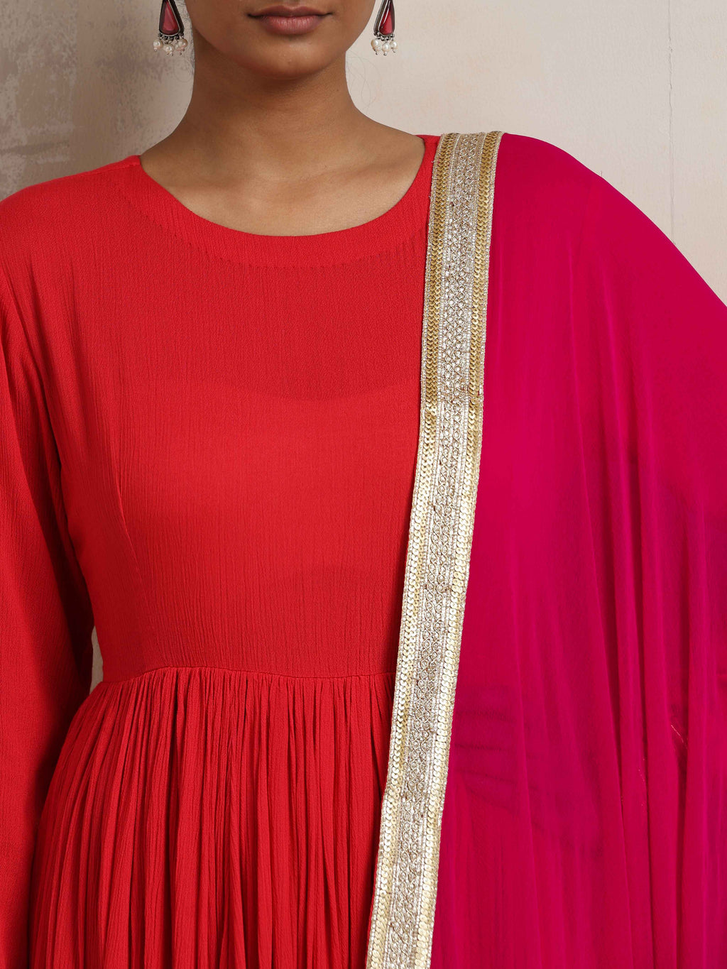 trueBrowns Red Crinkle Anarkali Kurta Pant Dupatta Set | Grocsy