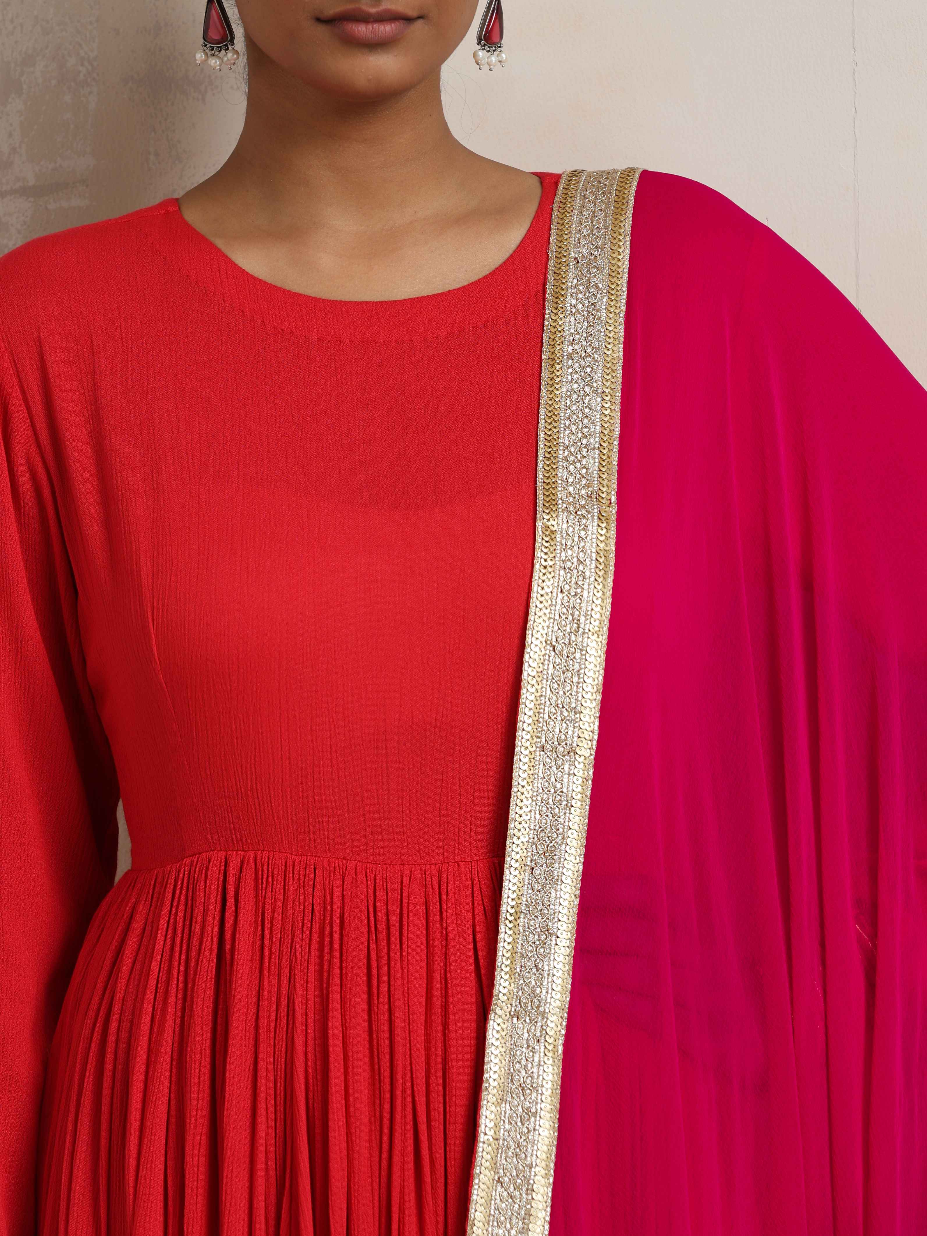trueBrowns Red Crinkle Anarkali Kurta Pant Dupatta Set | Grocsy