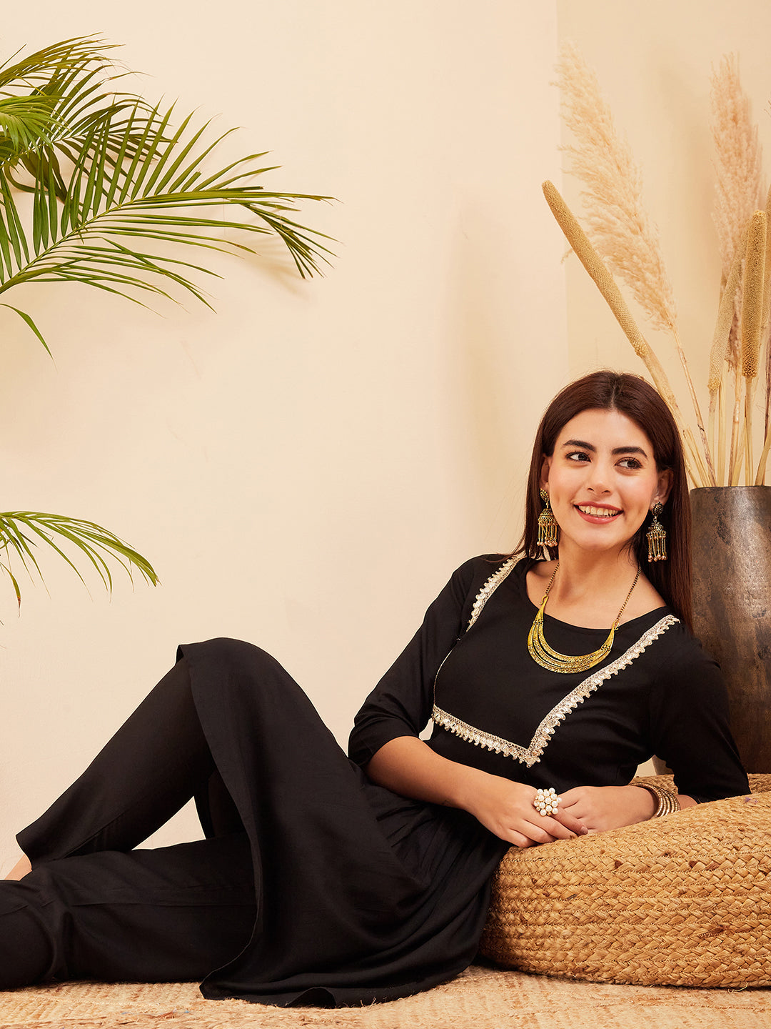 InWeave Women's Black Round Neck Square Gota Work Kurta Pant Set | Grocsy