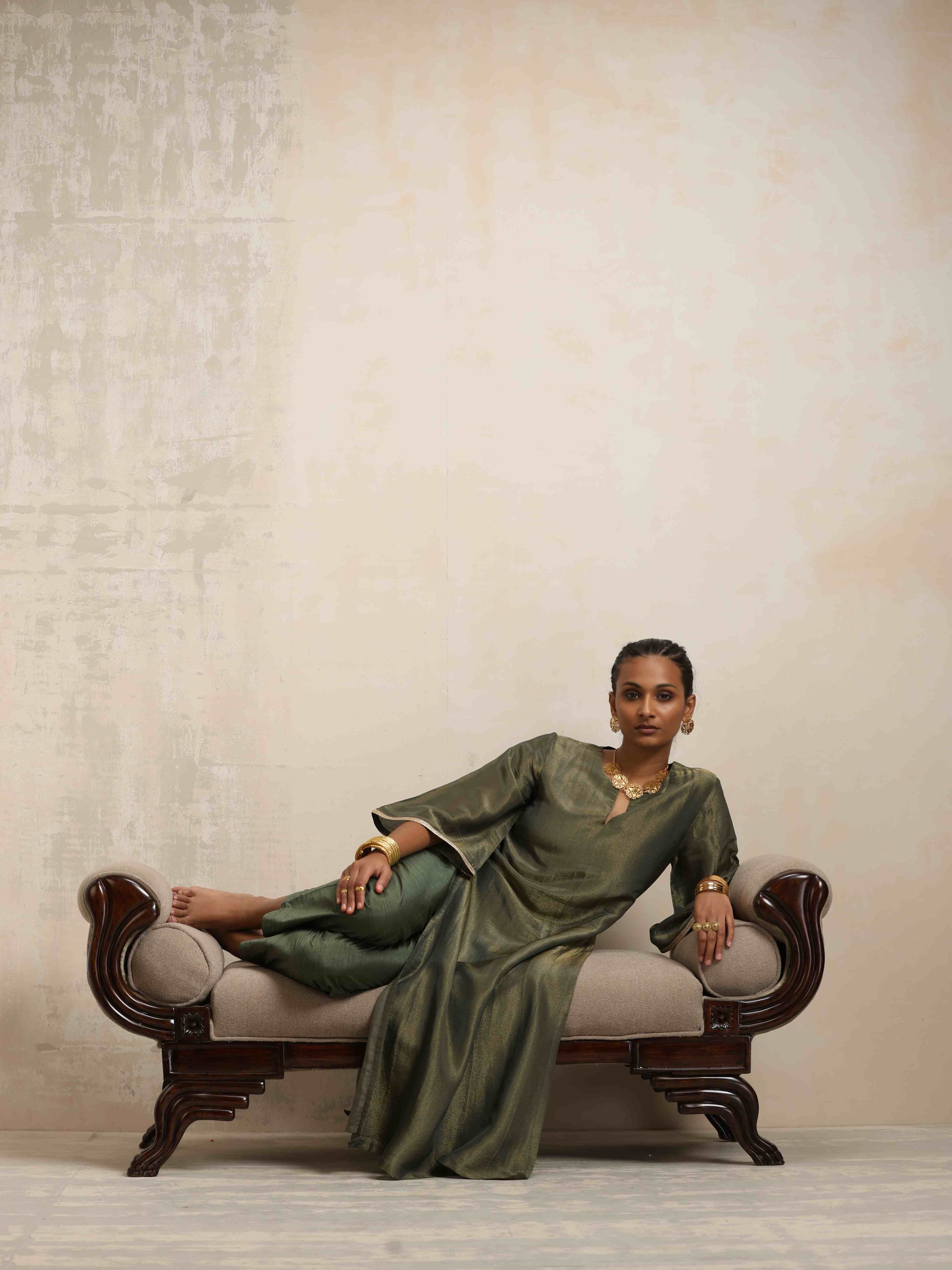 trueBrowns Green Tissue Kurta Set | Grocsy