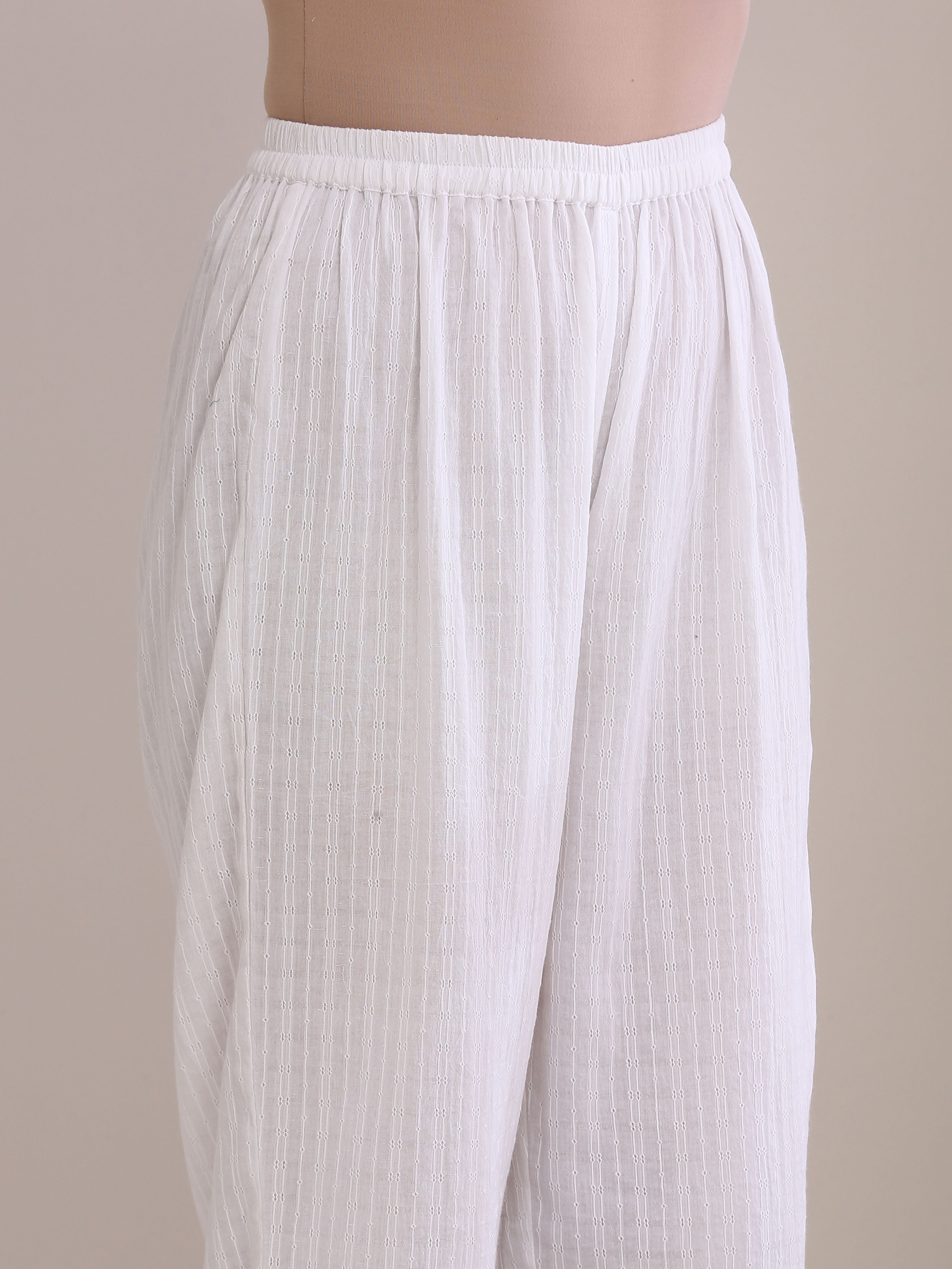 trueBrowns White Dobby Front Pleated Long Kurta Pant Set | Grocsy