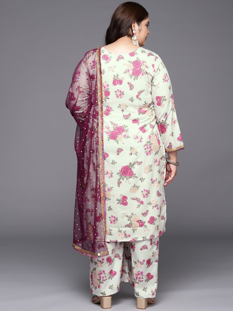 Ahalyaa Plus Size Floral Printed Zari Kurta with Palazzos & With Dupatta | Grocsy