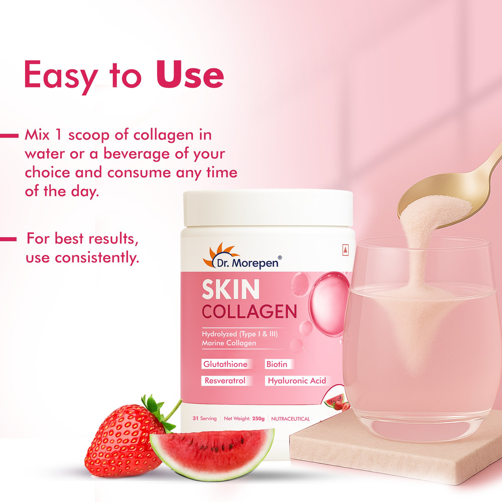DR. Morepen Skin Collagen Powder with Glutathione, Hyaluronic Acid, Resveratrol &amp; Biotin Strawberry Watermelon Flavour | Grocsy