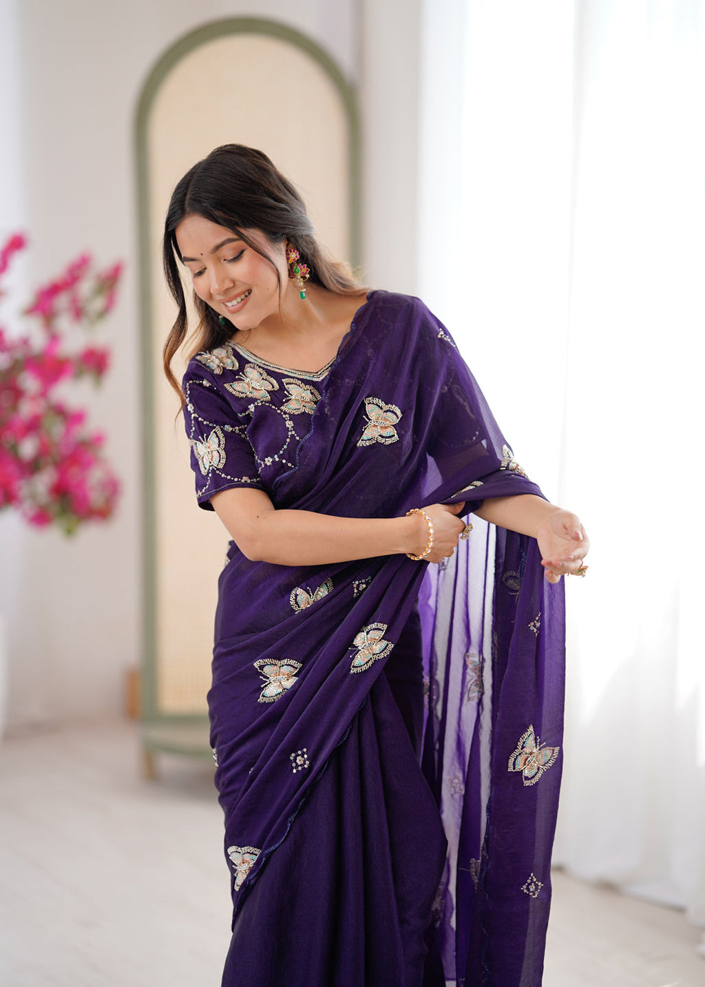 Evanik Purple Mos Silk With Handwork Butterfly Design Saree With Unstitched Blouse | Grocsy