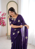 Evanik Purple Mos Silk With Handwork Butterfly Design Saree With Unstitched Blouse | Grocsy