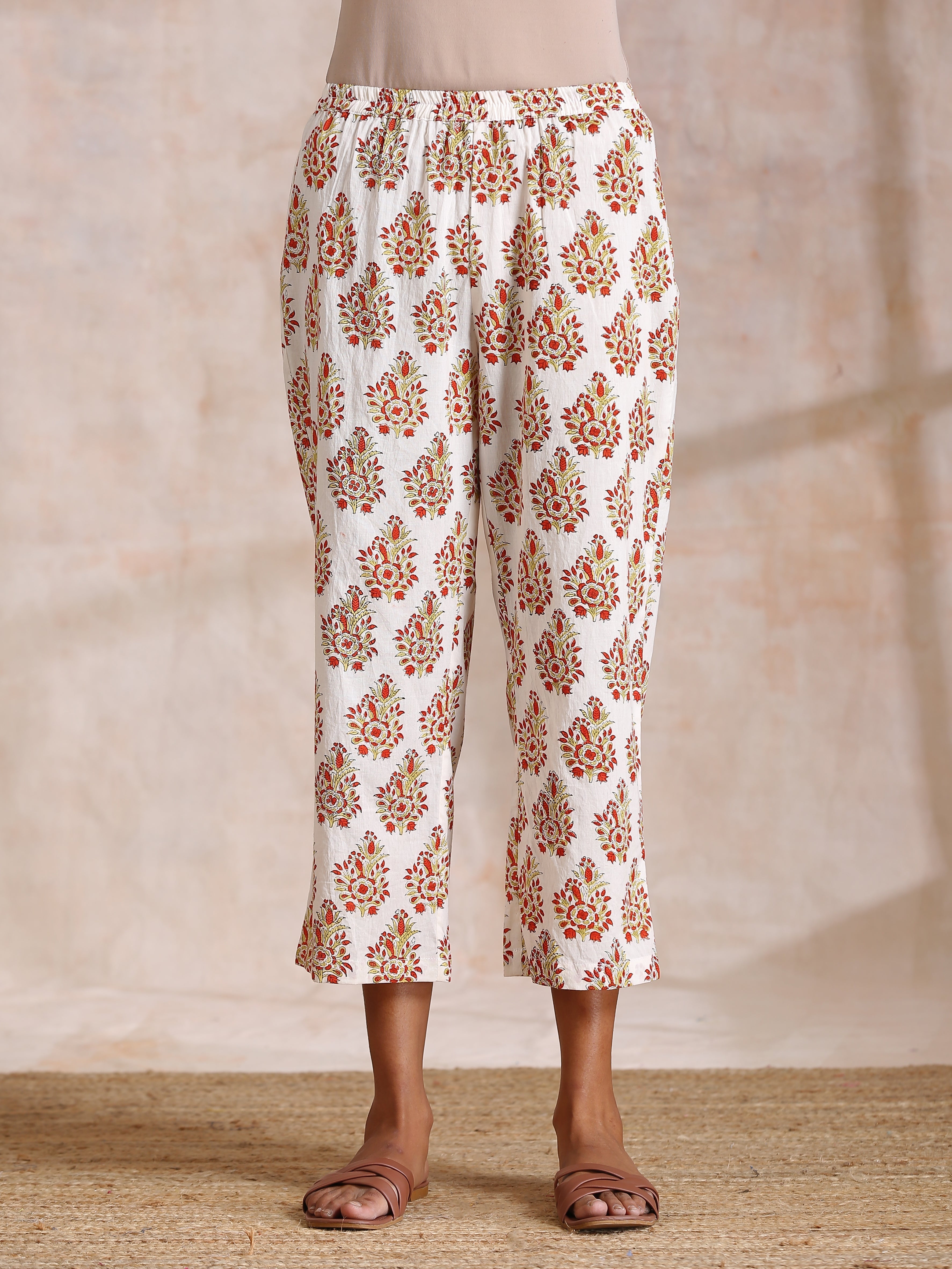 trueBrowns Yellow Overall Floral Block Print Cotton Sleeveless Kurta Pant Set | Grocsy