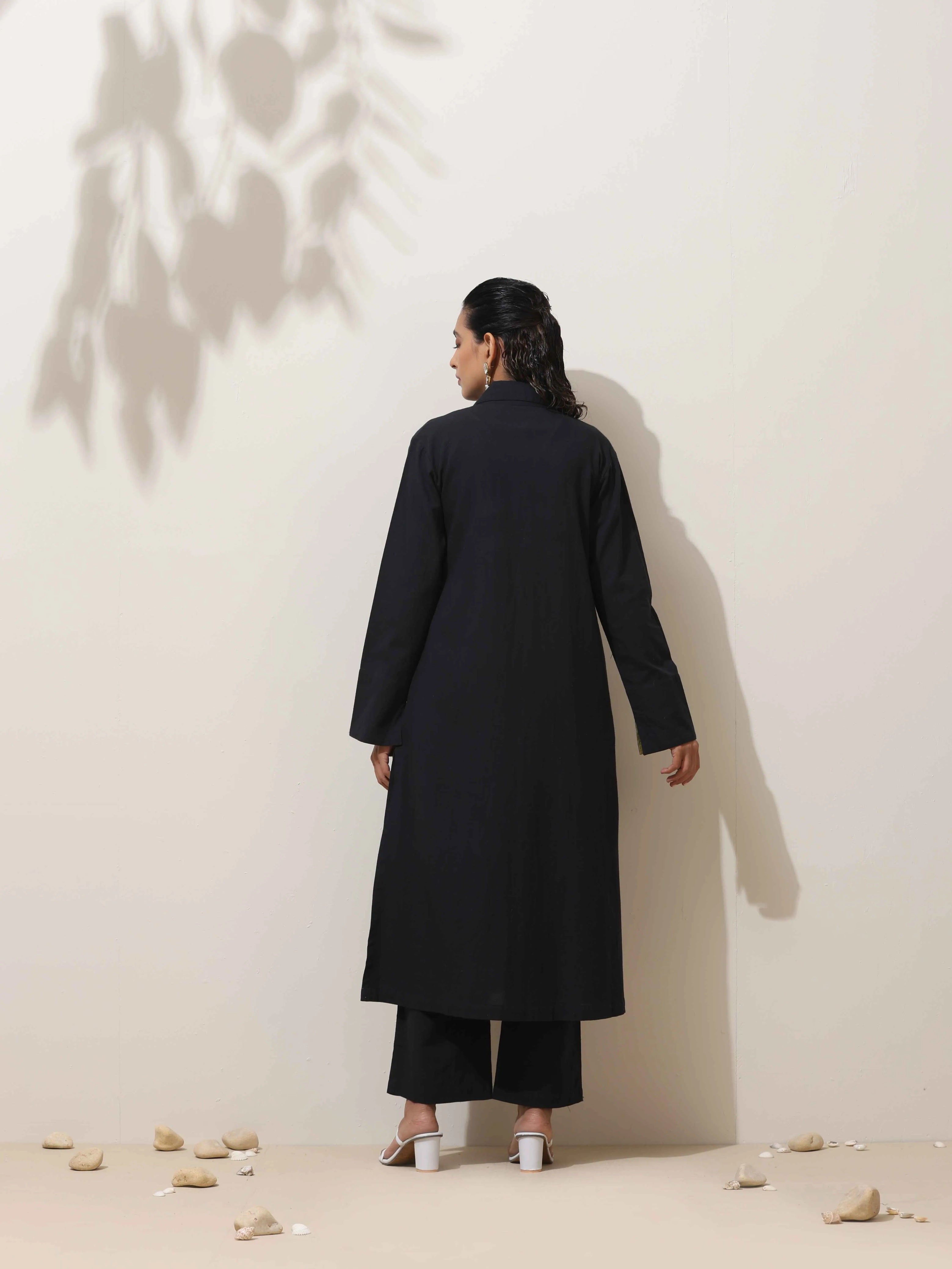 trueBrowns Black Cotton Linen Kurta Pant Set | Grocsy