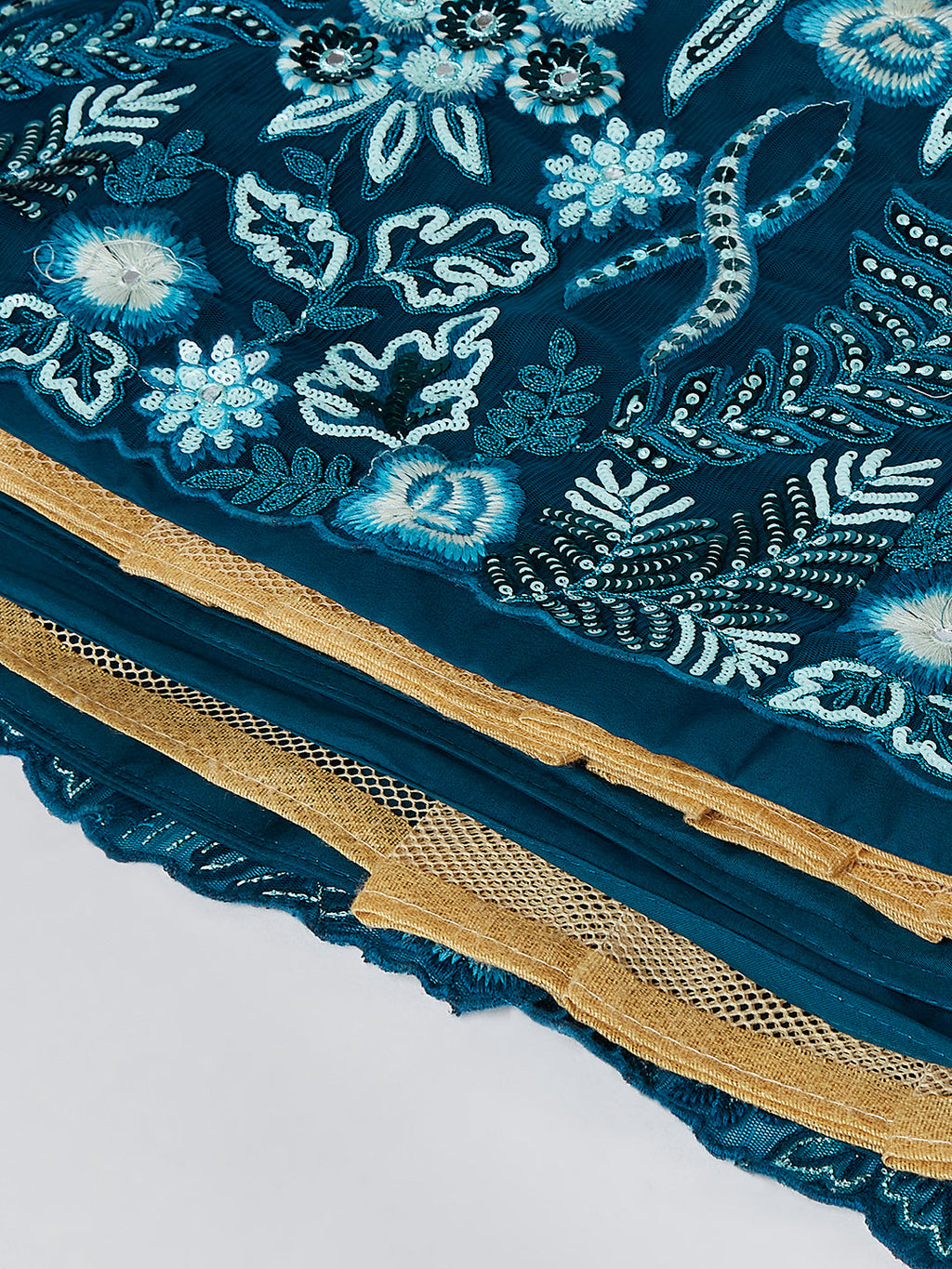 House of Panchhi Teal Net Sequins, Mirror And Thread Embroidery Lehenga Choli & Dupatta | Grocsy