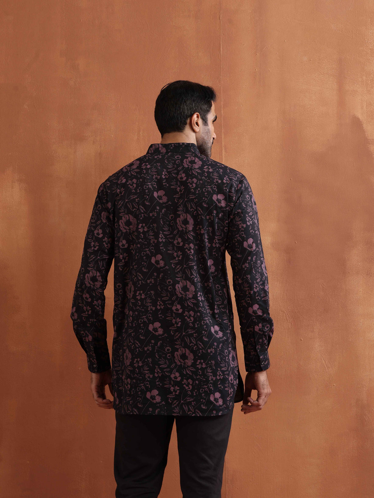 trueBrowns Men's Black Floral Printed Short Kurta | Grocsy