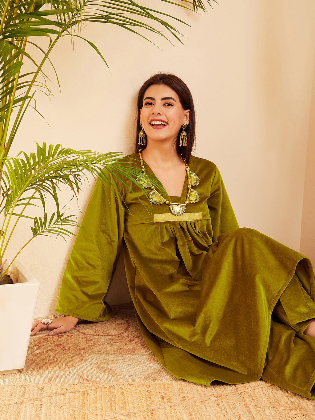 InWeave Women's Olive V Neck Asymmetrical Pleated Velvet Kurta Set | Grocsy