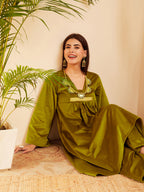 InWeave Women's Olive V Neck Asymmetrical Pleated Velvet Kurta Set | Grocsy