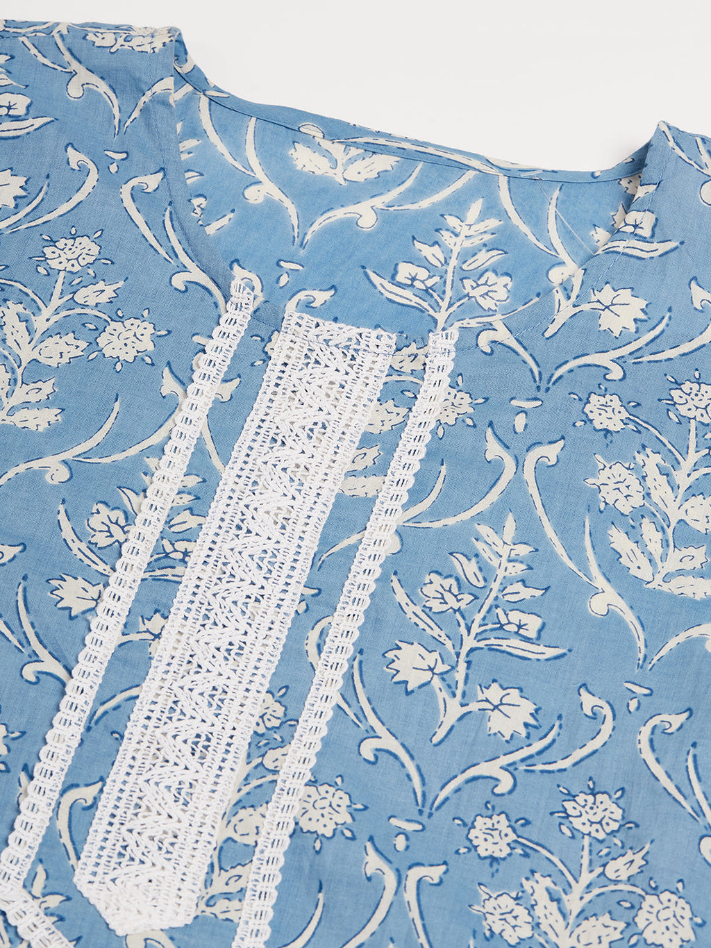 InWeave Women's Powder Blue White Print Lace Straight Kurta | Grocsy