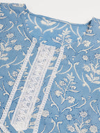 InWeave Women's Powder Blue White Print Lace Straight Kurta | Grocsy