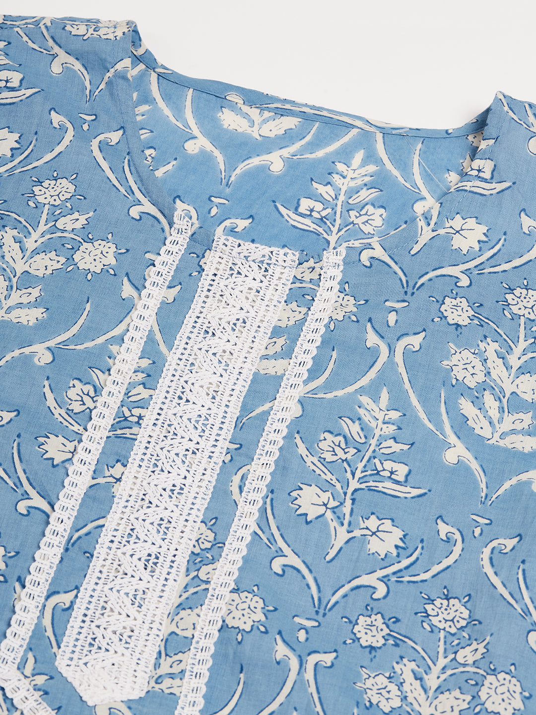 InWeave Women's Powder Blue White Print Lace Straight Kurta | Grocsy