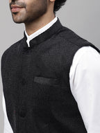 Even Apparels Men's Black Nehru Jacket With Welt Pockets | Grocsy
