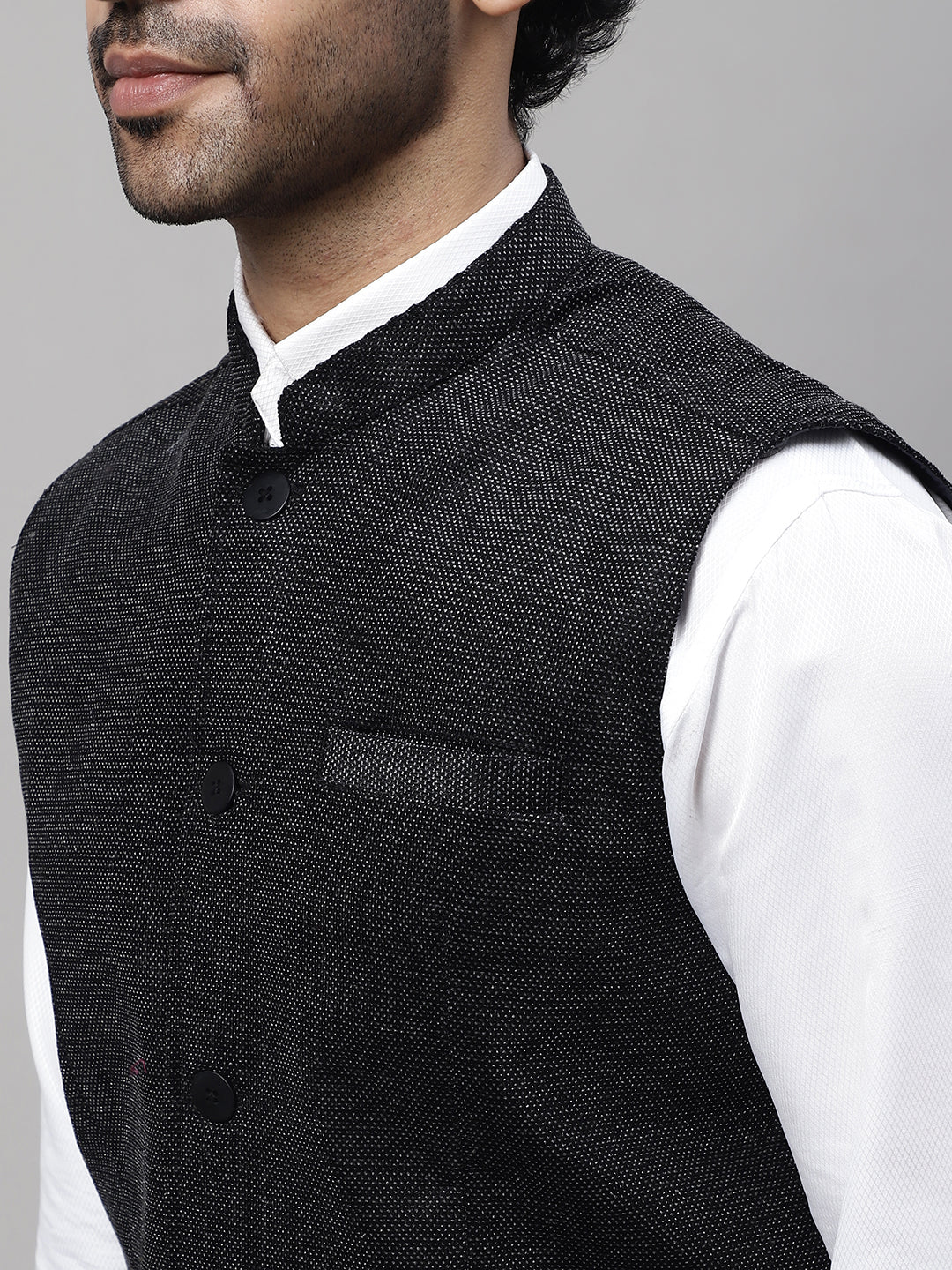 Even Apparels Men's Black Nehru Jacket With Welt Pockets | Grocsy