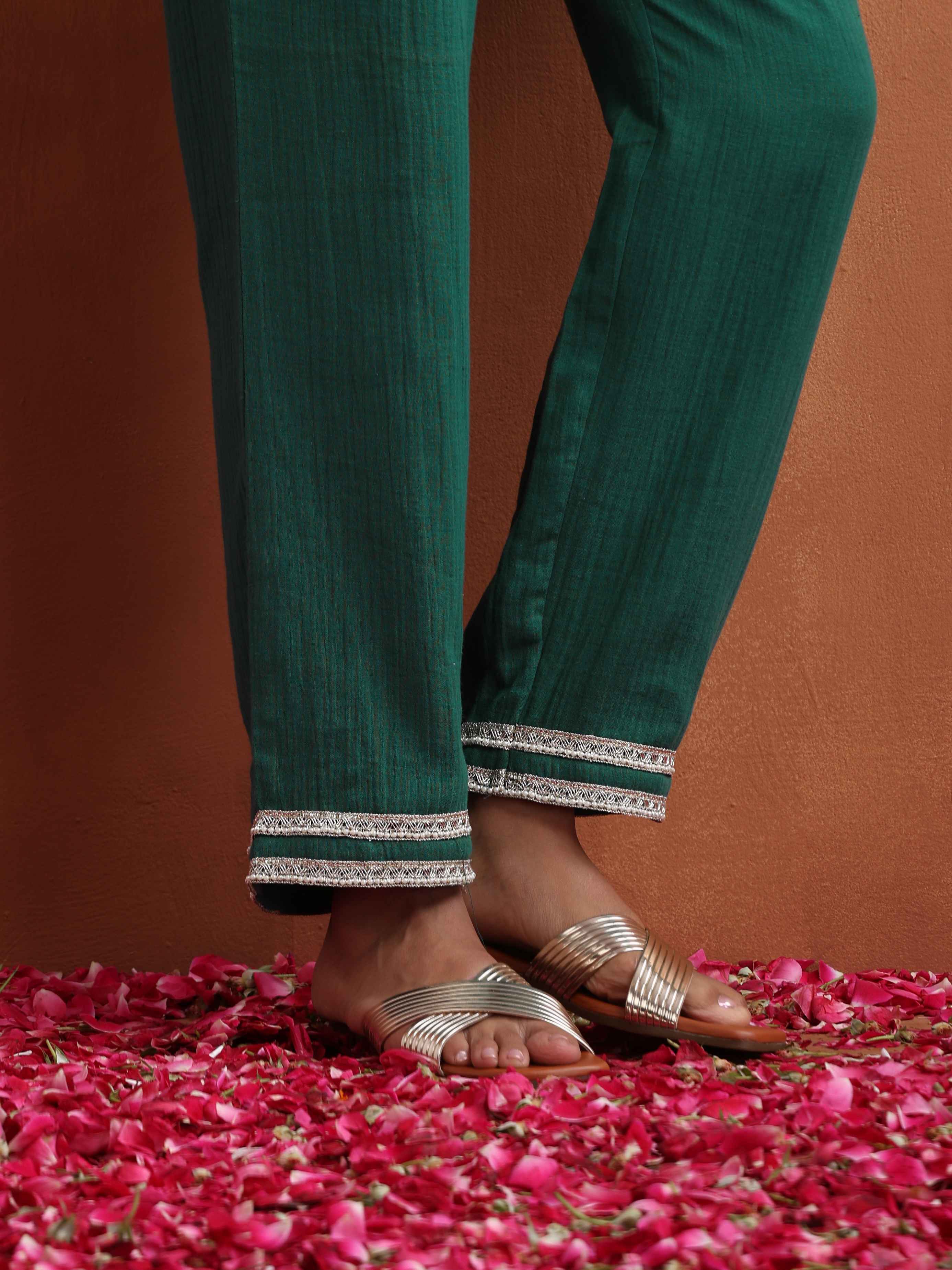 trueBrowns Green Cotton A-line Kurta Set | Grocsy