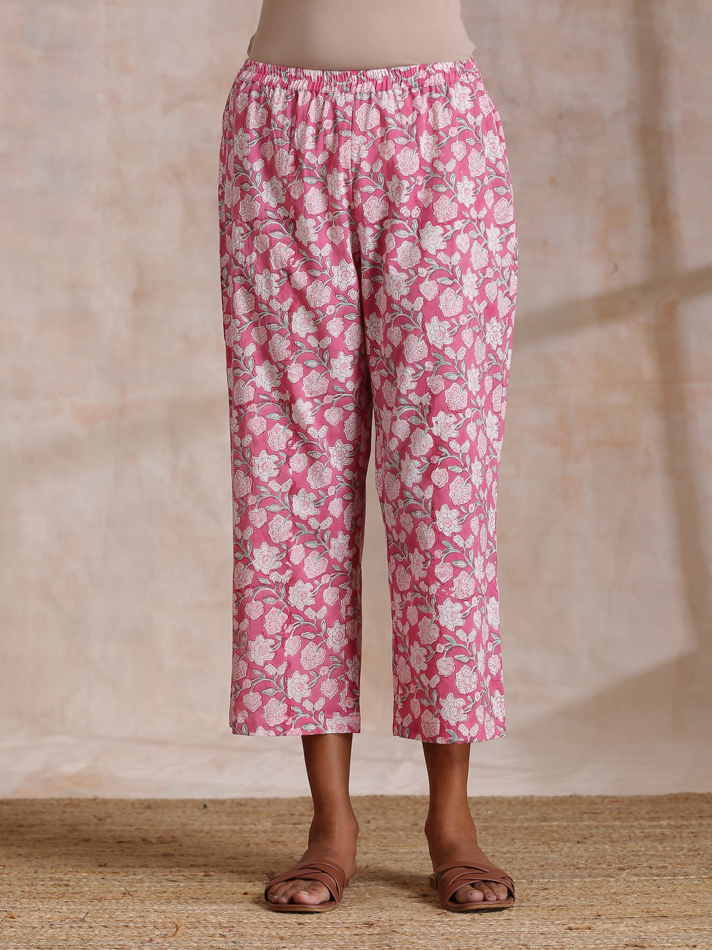 trueBrowns Pink Green Floral On White Block Print Cotton Sleeveless Flared Kurta Pant Set | Grocsy