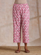 trueBrowns Pink Green Floral On White Block Print Cotton Sleeveless Flared Kurta Pant Set | Grocsy