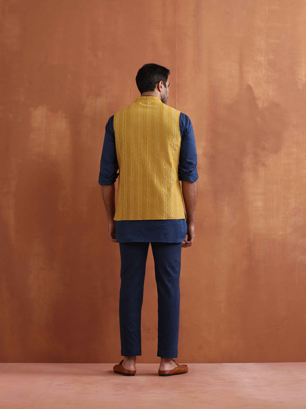trueBrowns Men's Mustard Cotton Dobby Reversible Nehru Jacket | Grocsy