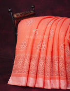 Peachish Orange Block Printed Semi Chanderi Saree By Gayathri Reddy Designer Studio | Grocsy
