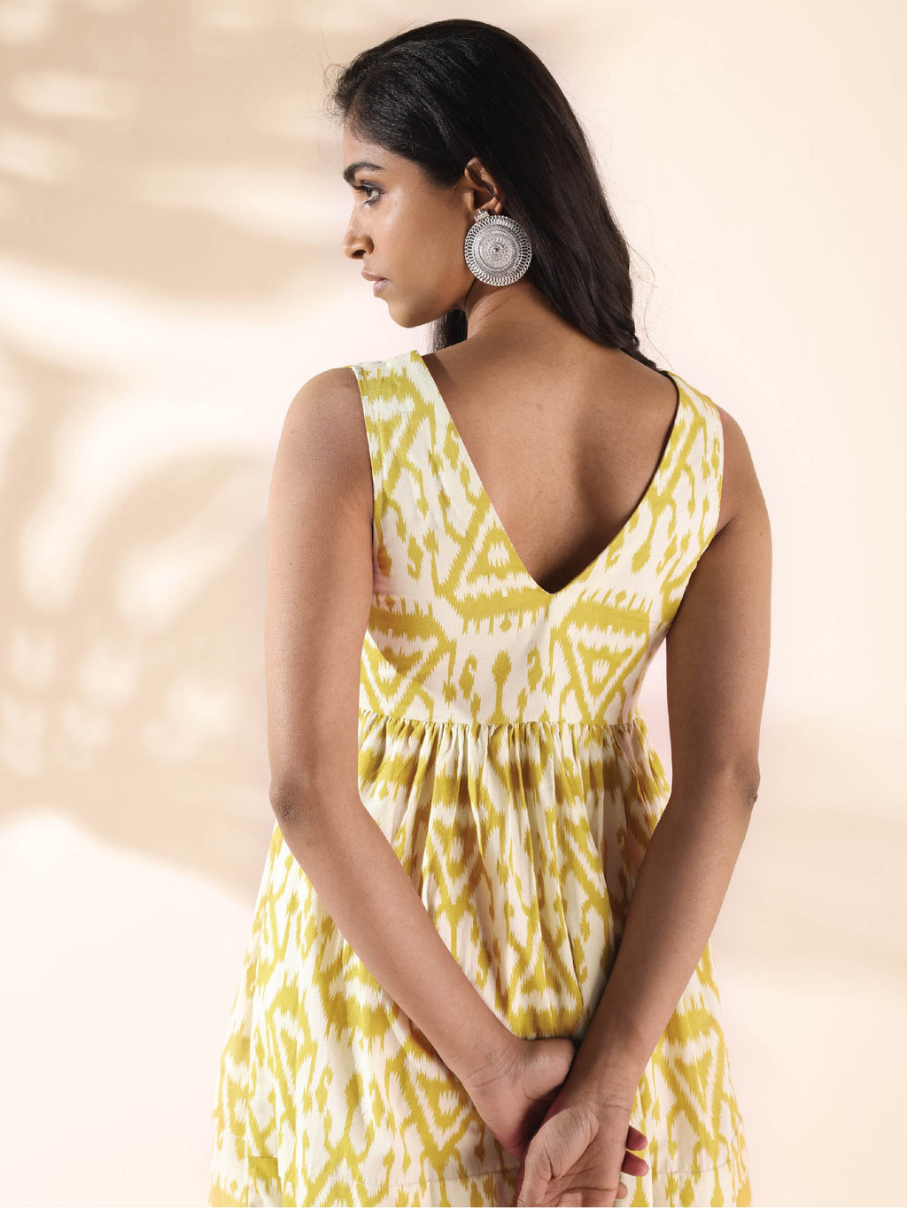 trueBrowns Lime Cotton Ikat Sleeveless Flared Dress | Grocsy