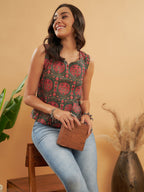 InWeave Green Red Mughal Kalamkari Top | Grocsy