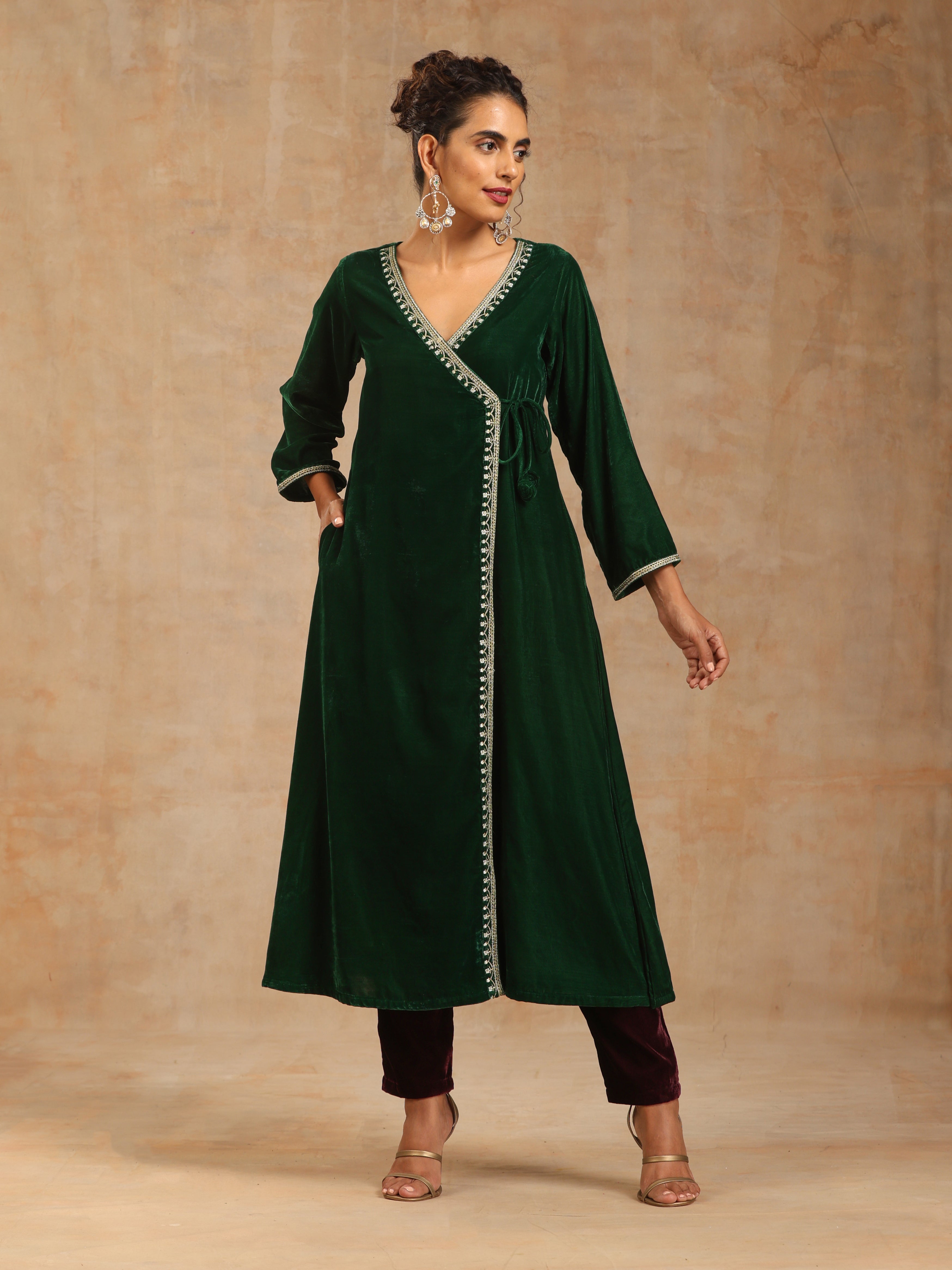 trueBrowns Green Velvet Embroidered Angrakha Kurta | Grocsy
