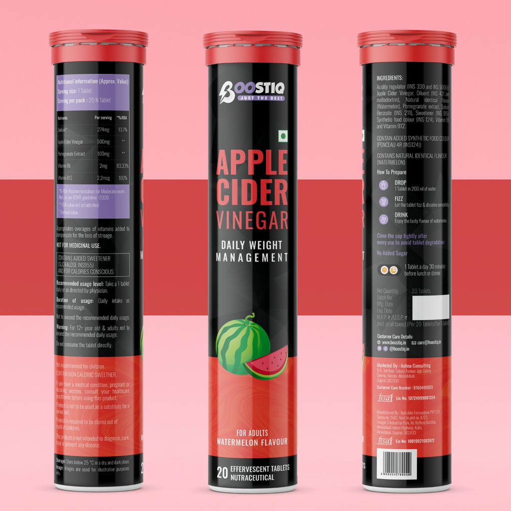 BOOSTIQ Apple Cider Vinegar Effervescent Tablets - Watermelon Flavour | Grocsy