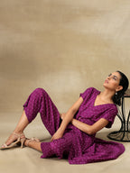 trueBrowns Purple Bandhani Printed Silk Drop Shoulder Kurta Pant Set | Grocsy